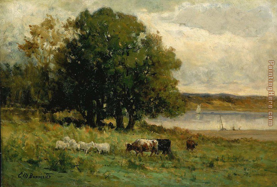 cattle near river with sailboat in distance painting - Edward Mitchell Bannister cattle near river with sailboat in distance art painting